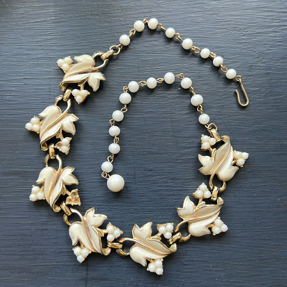 Vintage White enamel botanical necklace